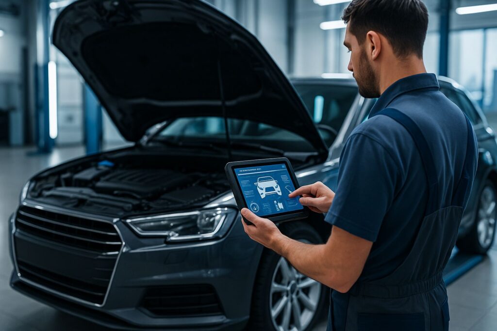 Mechaniker bei moderner Fahrzeugdiagnose in Landshut – digitale Fehlerspeicheranalyse mit Tablet in der Werkstatt